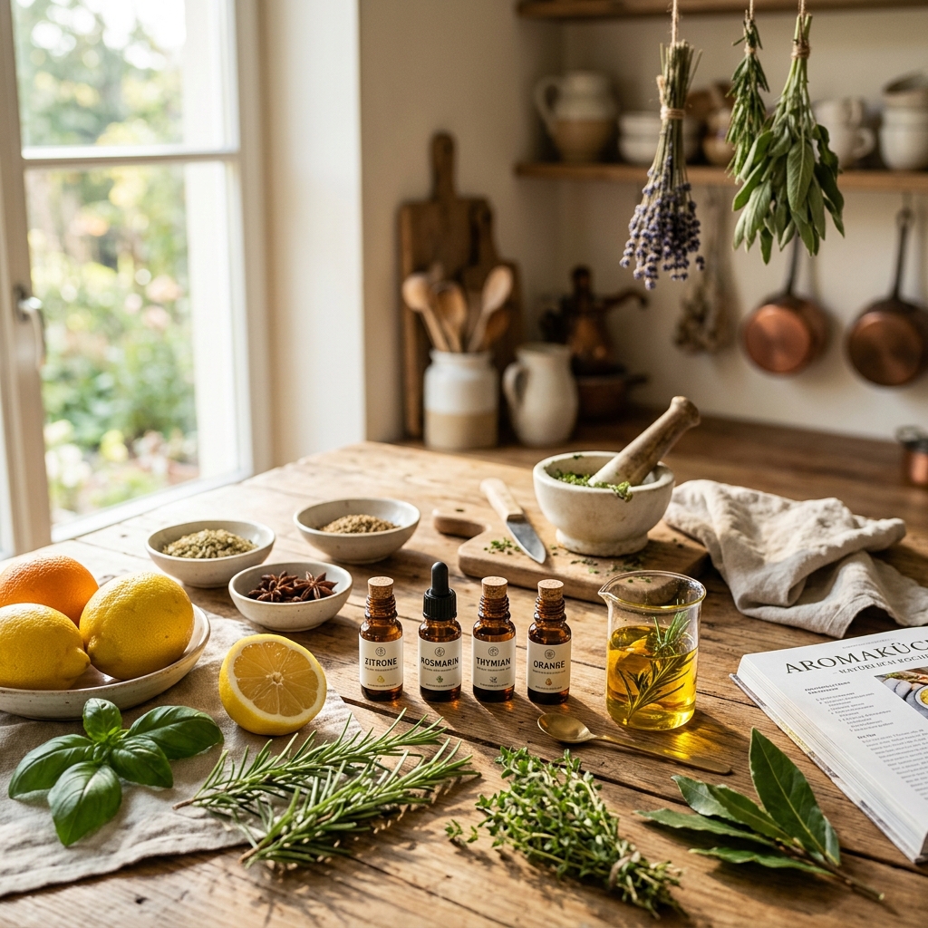 Aromaküche und ätherische Öle auf rustikalem Tisch